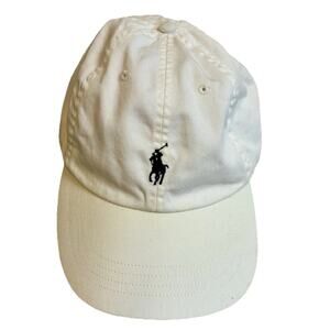 Vintage 90s Polo Ralph Lauren Hat WHITE Blue Pony Logo Leather Strap Preppy READ